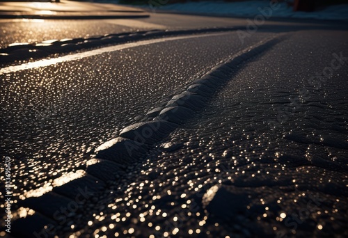 close view dynamic asphalt surface gravel distinct tire tracks showcasing texture detail, pavement, blacktop, roadway, design, pattern, markings, aggregate photo