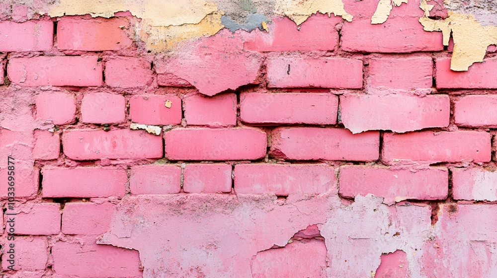 Weathered pink brick wall with peeling paint reveals layers of history, creating a textured backdrop perfect for urban photography and design projects. Weathered pink brick wall with peeling paint reveals layers of history, creating a textured backdrop perfect for urban photography and design projects.