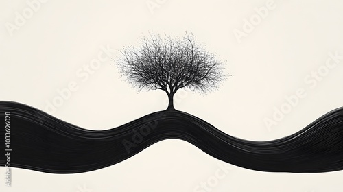 A minimalist design featuring the silhouette of a tree, cleverly formed by the negative space between two flowing shapes, leaving the background empty.