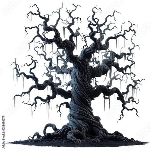 Twisted Spooky Tree with Hanging Vines and Intricate Branches on Transparent Background, PNG