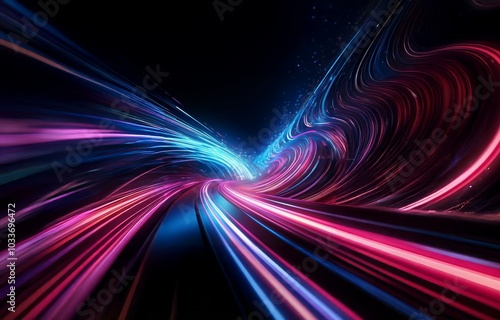 Abstract lines of blue and pink light streak across a dark background, creating a sense of speed and energy.