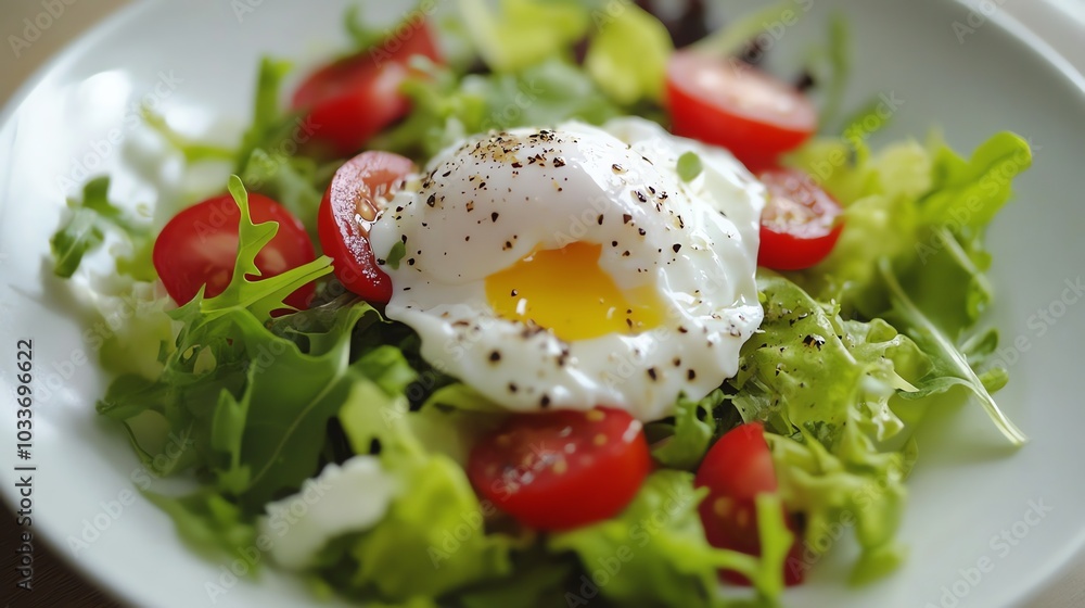 A poached egg on a bed of mixed greens with cherry tomatoes. A poached egg on a bed of mixed greens with cherry tomatoes.