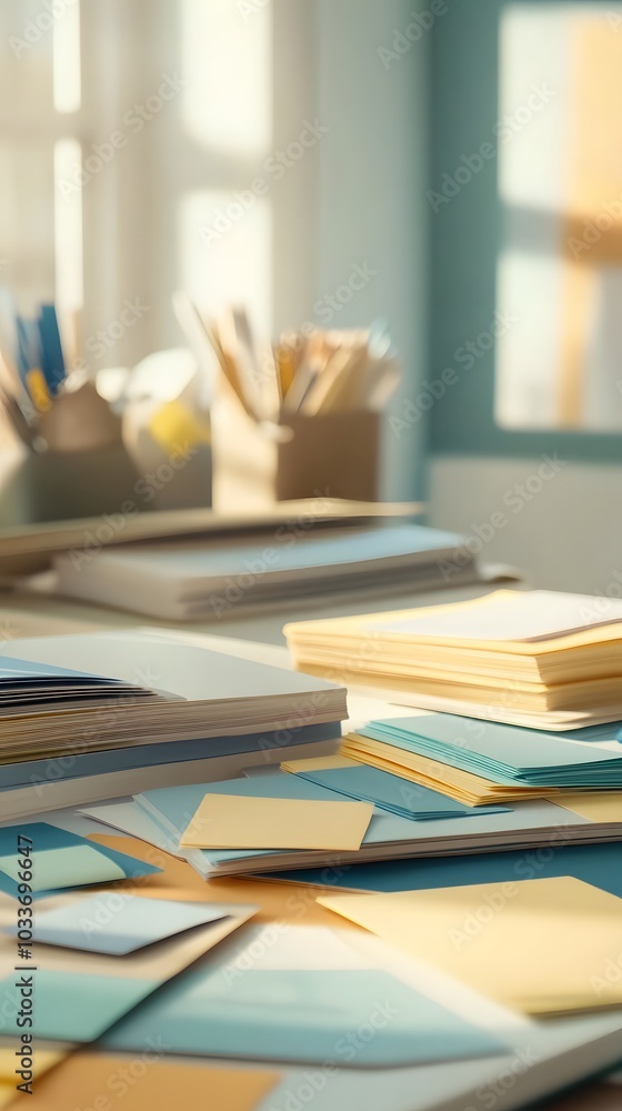 A desk with various items, such as notepads and Post-it notes in light blue, yellow, and beige colors, neatly arranged on it A desk with various items, such as notepads and Post-it notes in light blue, yellow, and beige colors, neatly arranged on it
