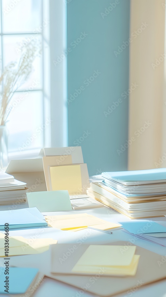 A desk with various items, such as notepads and Post-it notes in light blue, yellow, and beige colors, neatly arranged on it A desk with various items, such as notepads and Post-it notes in light blue, yellow, and beige colors, neatly arranged on it
