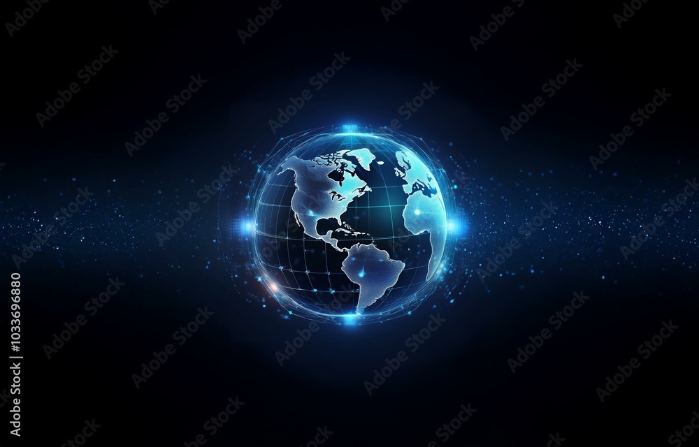 Fototapeta premium A glowing blue and white globe with a grid pattern and a dark blue background with light scattered particles.