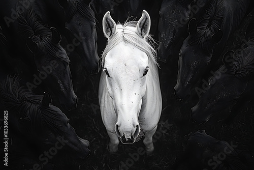 Surreal Photography of a White Horse Among Black Horses