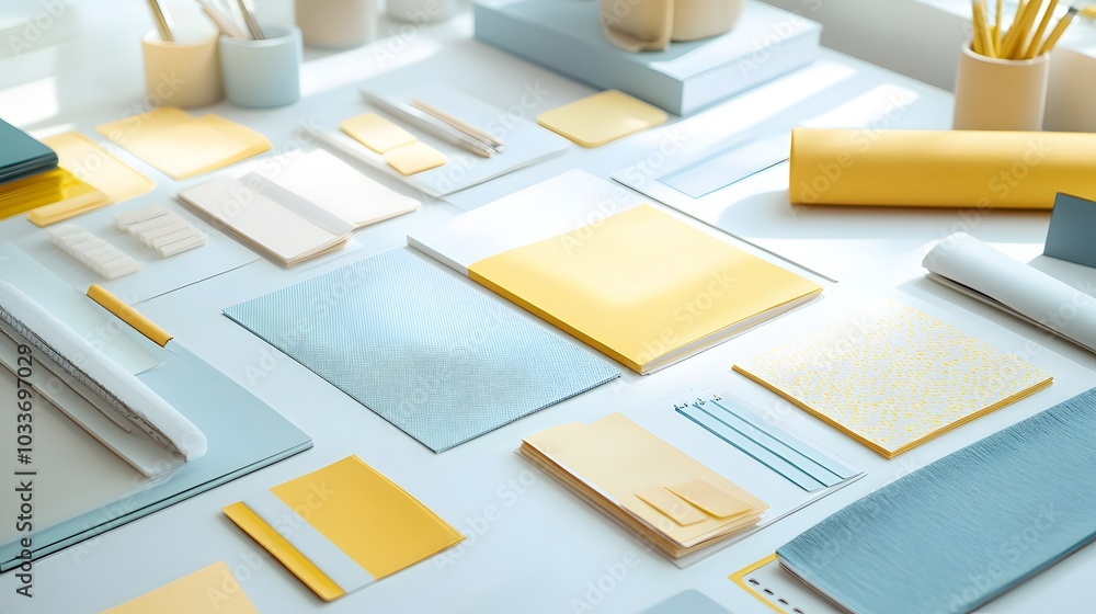 A desk with various items, such as notepads and Post-it notes in light blue, yellow, and beige colors, neatly arranged on it A desk with various items, such as notepads and Post-it notes in light blue, yellow, and beige colors, neatly arranged on it