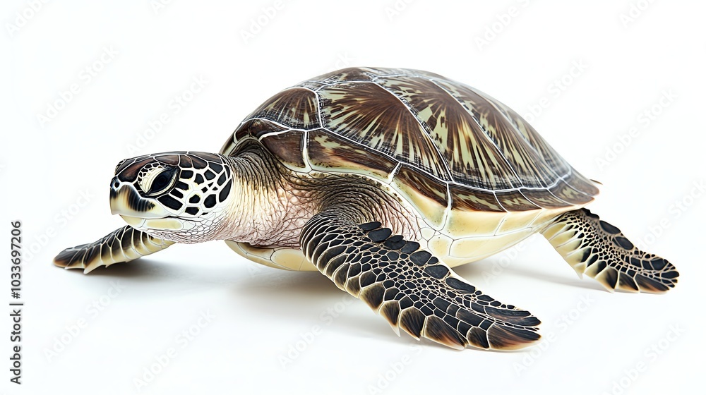 Fototapeta premium A sea turtle crawls across a white surface.