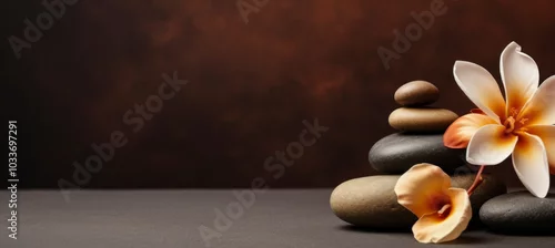 Obraz  z motywem Imagen zen con piedras de río y flores exóticas.