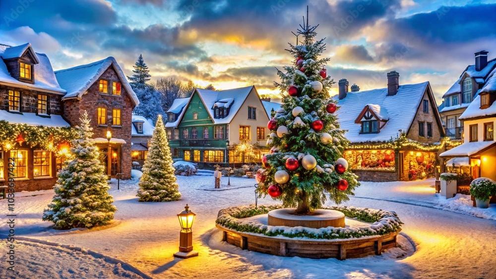 quaint village square during the holidays, with snow-covered rooftops, shops decorated with wreaths, and a large Christmas tree in the center. quaint village square during the holidays, with snow-covered rooftops, shops decorated with wreaths, and a large Christmas tree in the center.