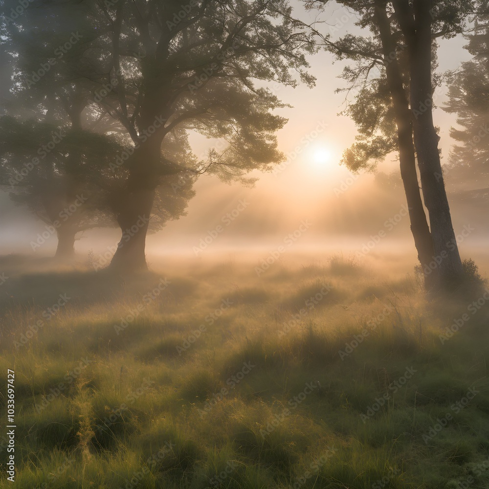 Fototapeta premium Soft Light Through the Trees: A Tranquil Morning in the Meadow