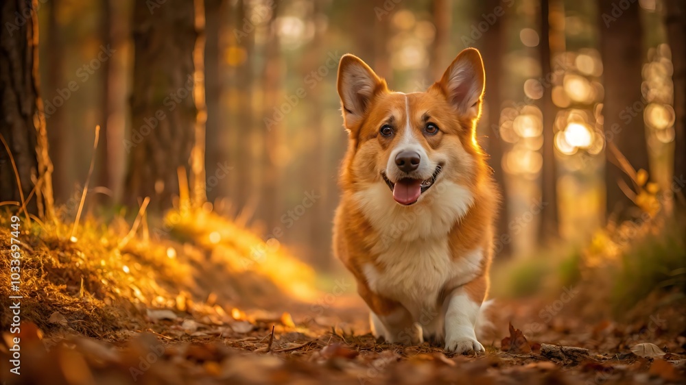 Welsh Corgi Pembroke for a Walk in the Beautiful Forest Welsh Corgi Pembroke for a Walk in the Beautiful Forest