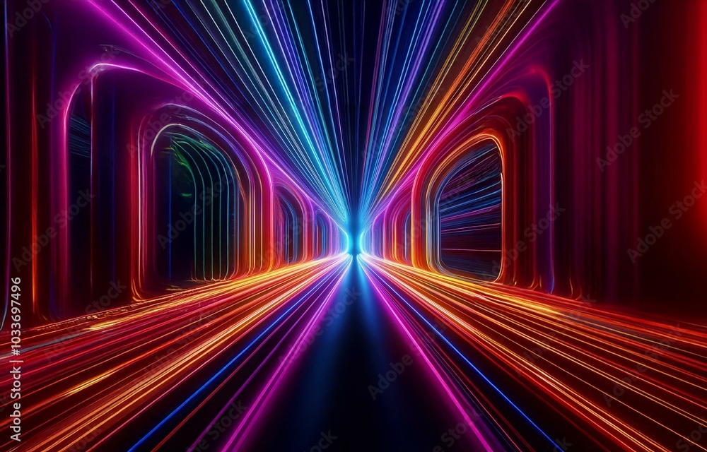 Abstract glowing neon tunnel with bright colors and a dark background. Abstract glowing neon tunnel with bright colors and a dark background.