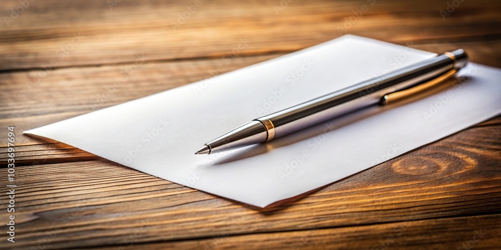 Pen and paper on wooden table close-up macro Pen and paper on wooden table close-up macro
