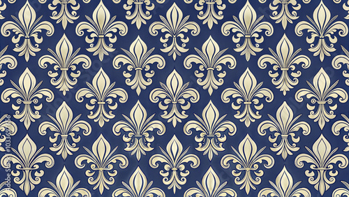 Abstract vintage wallpaper with intricate pattern fleur-de-lis , beige lilies on blue background