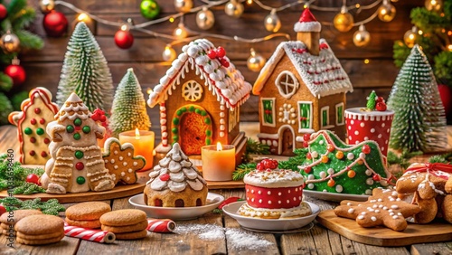 table filled with beautifully decorated Christmas cookies, gingerbread houses, and festive sweets, set against a backdrop of holiday decorations.