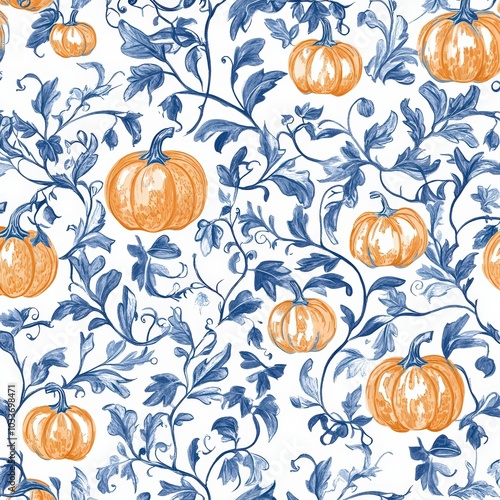 halloween pattern of pumpkins with orange and blue leaves