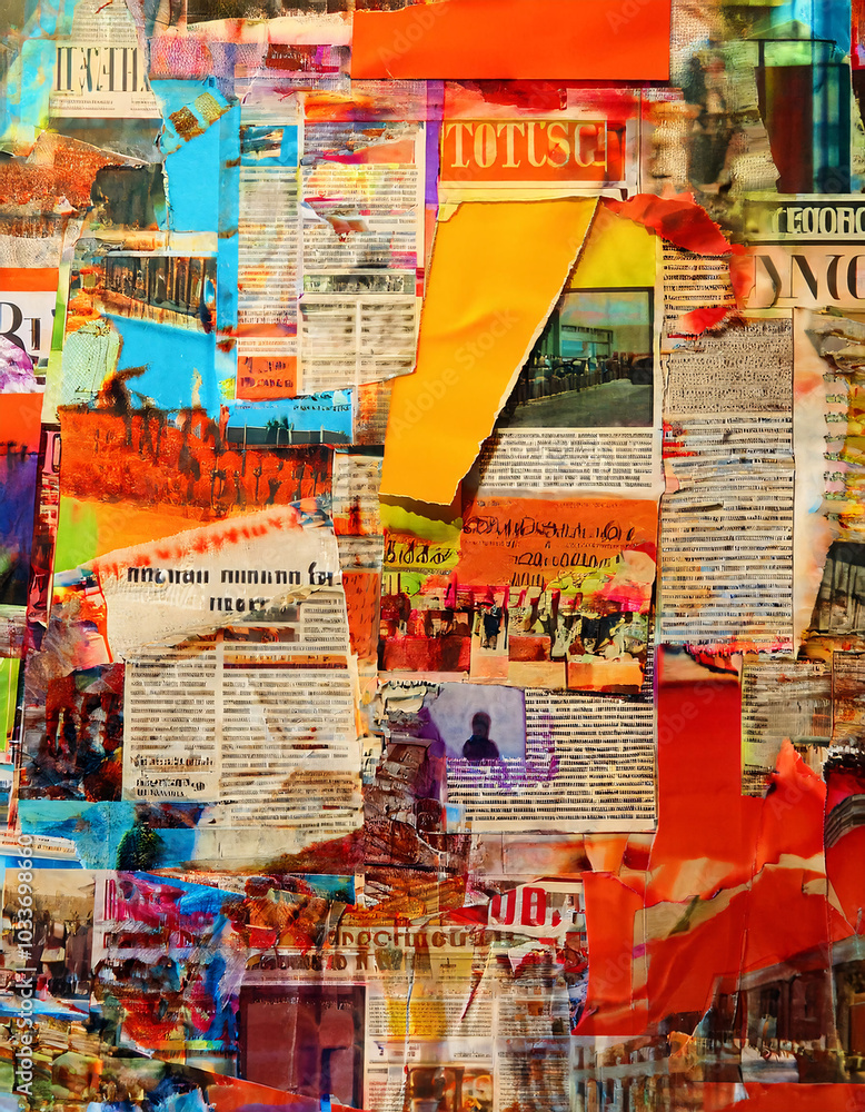A collage of newspaper clippings, images, and text fragments, creating a chaotic yet intriguing composition. Generative AI. A collage of newspaper clippings, images, and text fragments, creating a chaotic yet intriguing composition. Generative AI.
