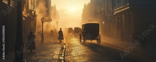 Silhouettes walk a foggy, cobbled street.