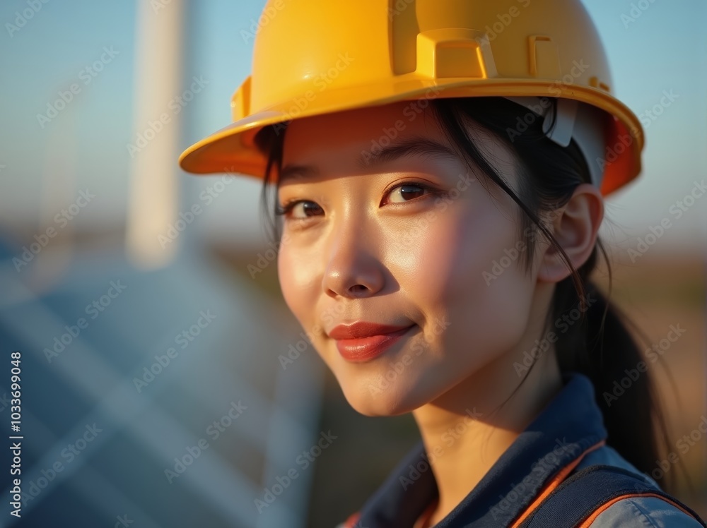 Young chinese woman in hard hat smiles at solar farm during daylight, promoting green energy investment in technology Young chinese woman in hard hat smiles at solar farm during daylight, promoting green energy investment in technology