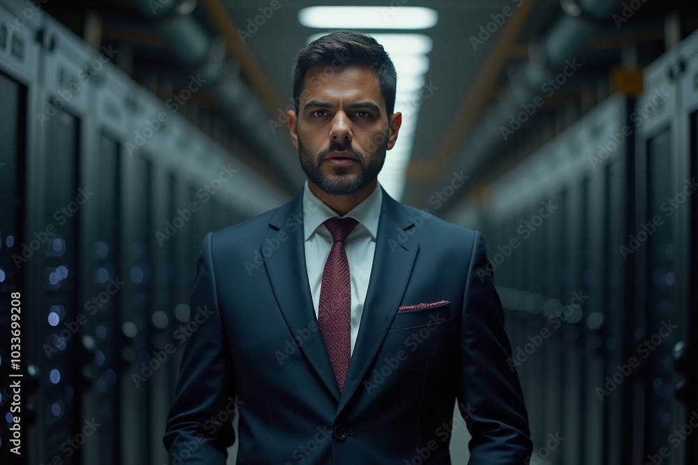 A professional man in a suit poses confidently in a data center, showcasing a high-tech environment at night A professional man in a suit poses confidently in a data center, showcasing a high-tech environment at night