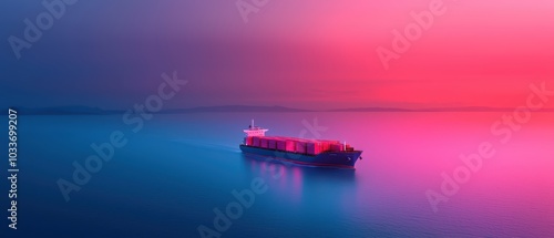 A cargo ship navigating through calm waters at sunset, creating a serene yet vibrant atmosphere.