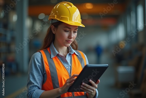 Woman in safety gear using a tablet while overseeing operations in a warehouse setting