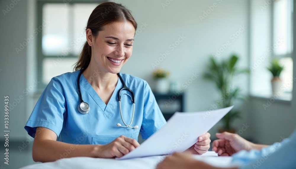 Attentive nurse reviewing a patient's chart with a bright smile Attentive nurse reviewing a patient's chart with a bright smile