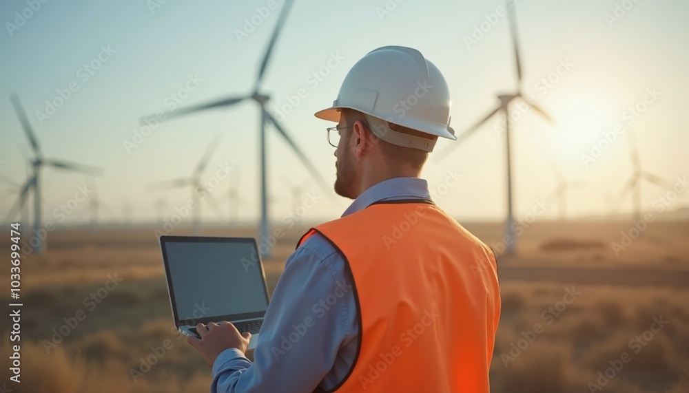 Engineer analyze data on laptop while inspecting wind turbines during clear sunset in countryside Engineer analyze data on laptop while inspecting wind turbines during clear sunset in countryside