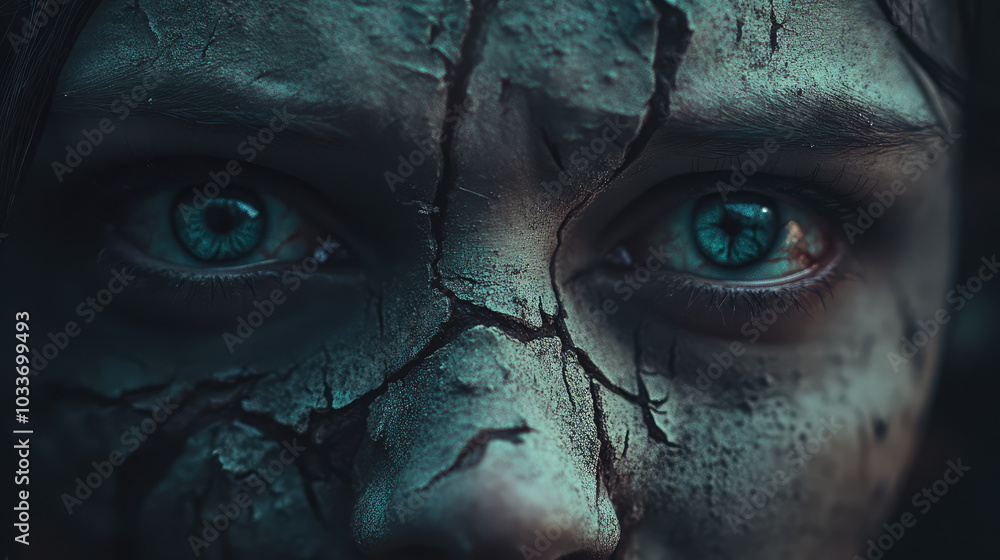 A ghost face in close-up, its hollow, sunken eyes glowing faintly, the decayed and cracked skin creating a terrifying, twisted expression, the eerie lighting adding to the sense of dread