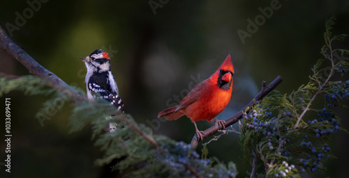 cardinal and woodpecker in cedar tree