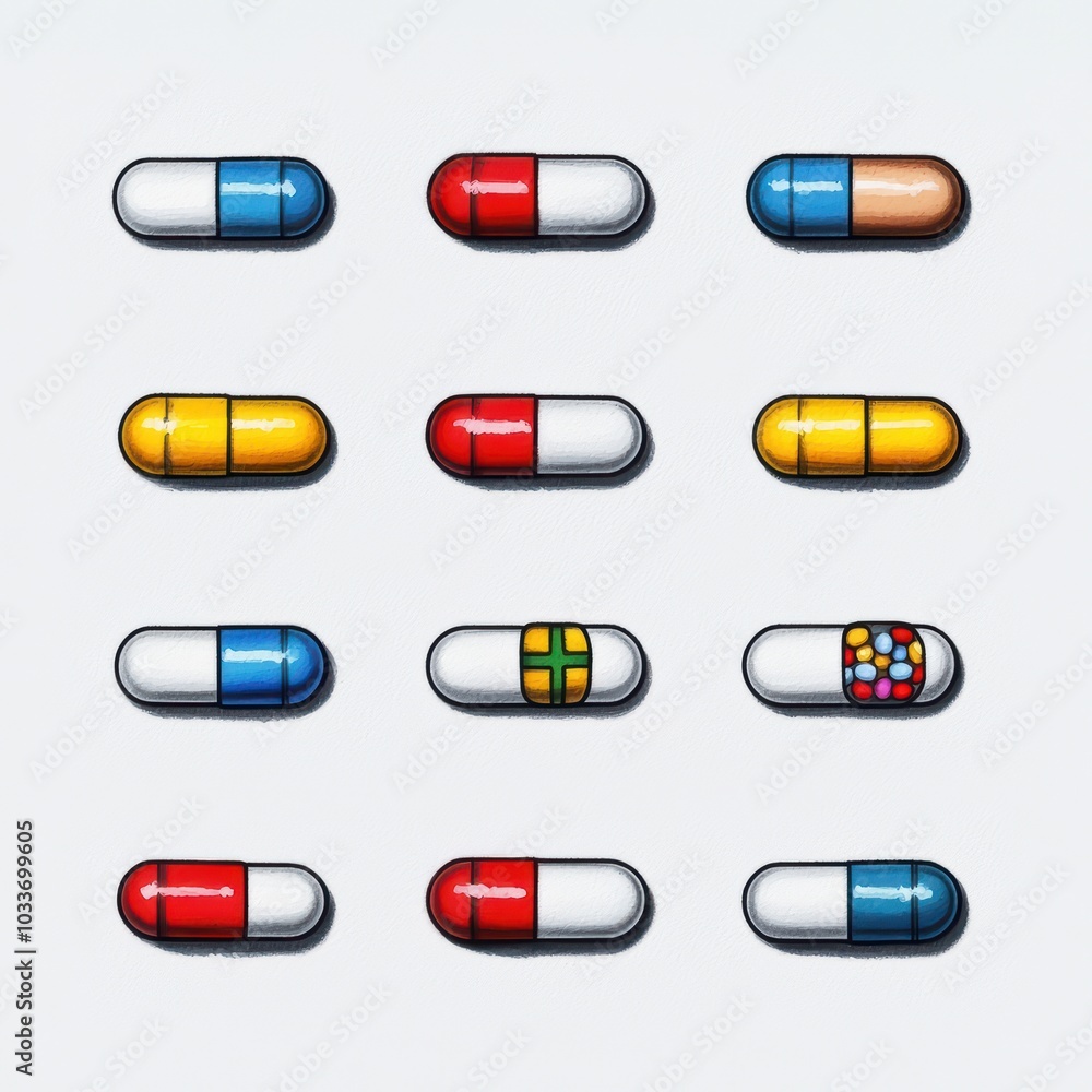 A collection of various colorful capsules on a white background, perfect for healthcare or pharmaceutical themes. A collection of various colorful capsules on a white background, perfect for healthcare or pharmaceutical themes.
