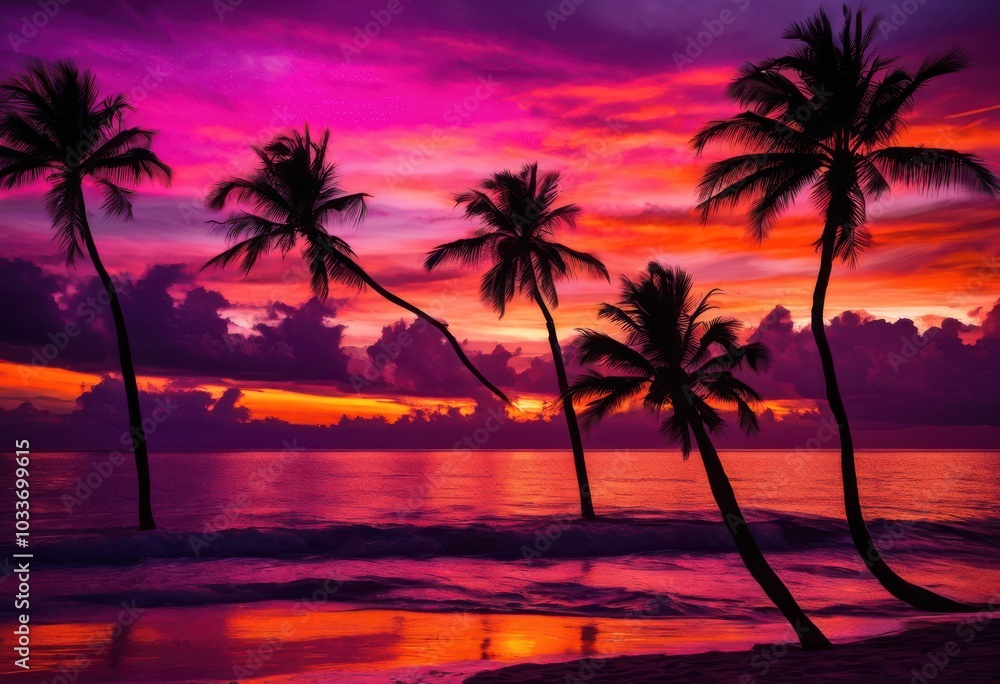majestic palm trees silhouetted vibrant sunset sky rich hues purple creating stunning tropical scene, nature, landscape, background, orange, pink, clouds majestic palm trees silhouetted vibrant sunset sky rich hues purple creating stunning tropical scene, nature, landscape, background, orange, pink, clouds