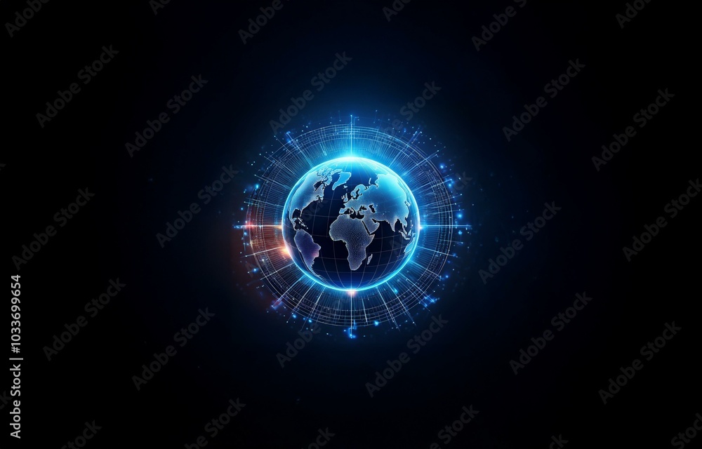 A glowing blue globe with a grid pattern and a swirling, blue and red, abstract background. A glowing blue globe with a grid pattern and a swirling, blue and red, abstract background.