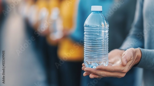 A volunteer handing out water to voters in a long line, natural light, medium shot photo