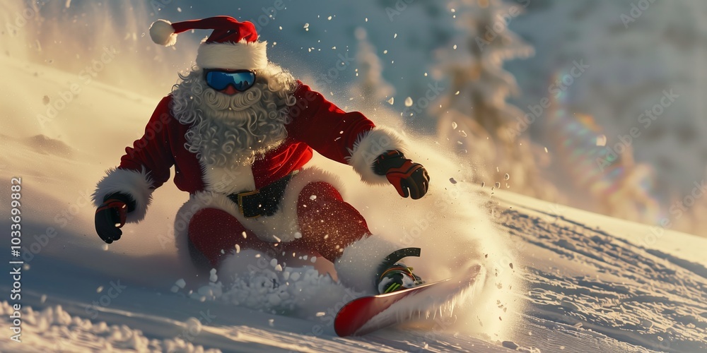 Naklejka premium In a delightful winter scene, Santa Claus, in his iconic red suit, shows off his snowboarding skills on a snowcovered slope, embodying the festive spirit and sense of adventure in the holiday season