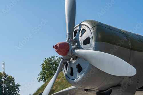 aircraft component deiail Ukraine war. Airplanes under maintenance. Checking mechanical systems for flight operations army aviation, military aircraft and aerospace industry photo