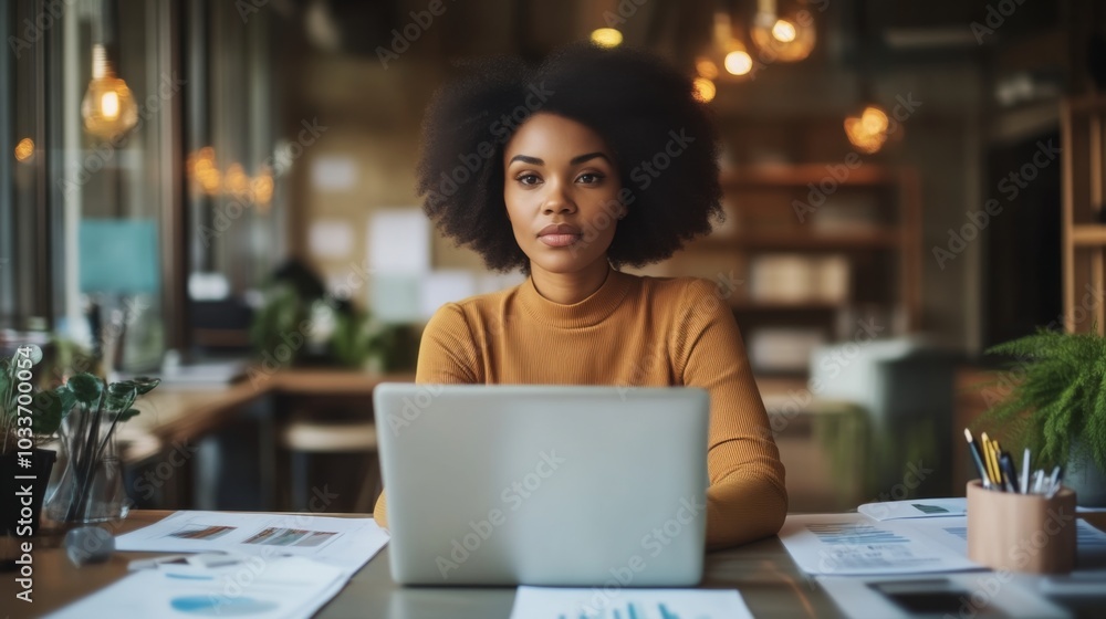 Confident Woman Working on Laptop in Modern Office Confident Woman Working on Laptop in Modern Office