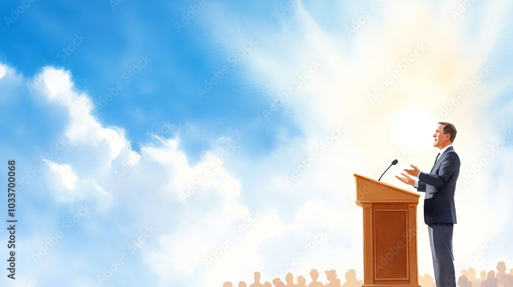 Watercolor of a leader standing at a podium addressing a crowd, business speech, leadership, inspiration and vision Watercolor of a leader standing at a podium addressing a crowd, business speech, leadership, inspiration and vision