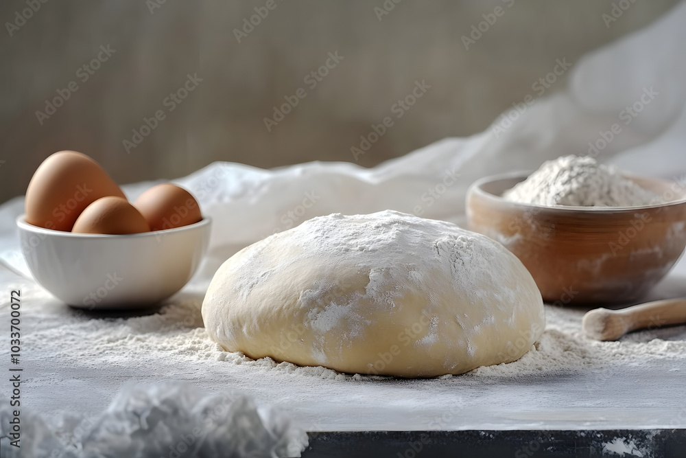 A dough is sitting on a table with a bowl of flour and a bowl of eggs. The dough is covered in flour and looks ready to be baked A dough is sitting on a table with a bowl of flour and a bowl of eggs. The dough is covered in flour and looks ready to be baked
