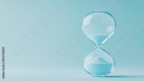 Hourglass with blue sand on blue background. Concept of time, countdown, deadline.