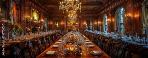 Grand dining room with long table, ornate chairs, and chandeliers.