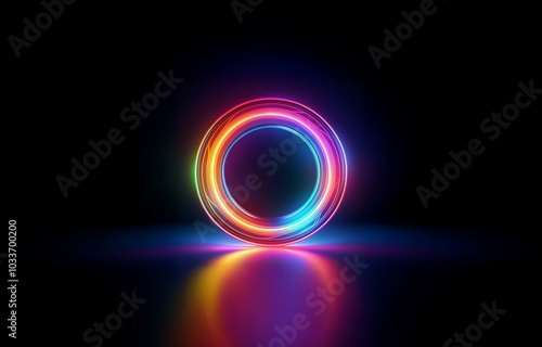 A glowing neon ring with vibrant colors against a dark background, casting reflections.