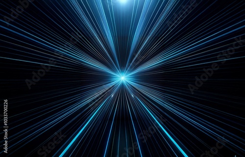 Abstract blue glowing lines radiating from a central point on a black background.