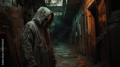 A ghostly figure, its face cracked and decayed, standing motionless in the dark, rusted corridors of an abandoned factory, the air filled with an unsettling stillness.