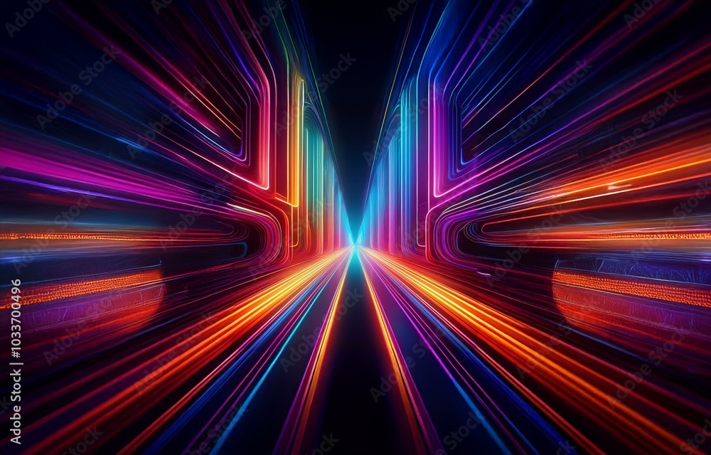 Abstract digital art with lines of light in multiple bright colors creating an illusion of depth and movement. Abstract digital art with lines of light in multiple bright colors creating an illusion of depth and movement.