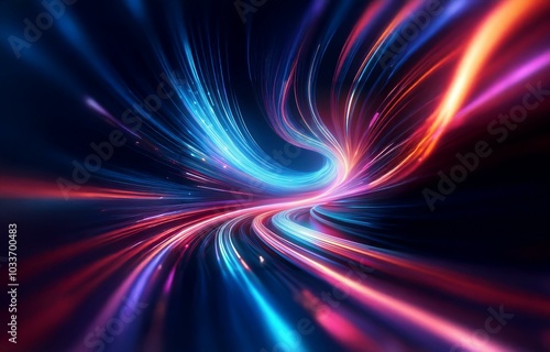 Abstract swirling lines of blue, red, and purple glow against a dark background.