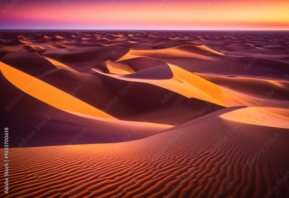 Naklejka premium expansive sand dunes beneath vibrant skies golden hour highlighting majestic landscape, sky, sunset, horizon, nature, desert, cloud, texture, shadow