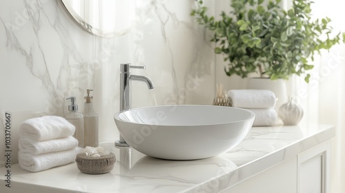 Modern Bathroom Design with White Sink and Marble Countertop