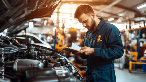 Car Mechanic Inspecting Engine in Garage